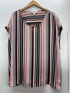Como Blu pink, black, and white striped short sleeve blouse